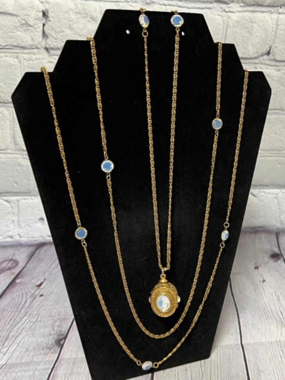 Vintage Tri-strand Goldette necklace with faux moonstone pendant